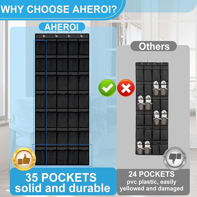 Aheroi 35 Pockets Large Over the Door Organizer, Breathable Mesh Pockets Hanging Shoe Organizer, Black Door Shoe Organizer Mesh Closet Shoe Holder Hanger Holds Up to 40 lbs, Space Saving Shoe Rack