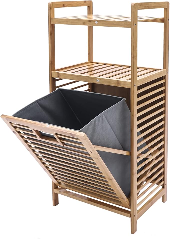 Bamboo Laundry Hamper with 2-Tier Shelves & Tilt Out Basket, Removable Clothes Basket Tower Organizer, Utility Laundry Sorter Cart Rolling with Clothes Hanging Rod for Bathroom