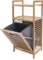 Bamboo Laundry Hamper with 2-Tier Shelves & Tilt Out Basket, Removable Clothes Basket Tower Organizer, Utility Laundry Sorter Cart Rolling with Clothes Hanging Rod for Bathroom