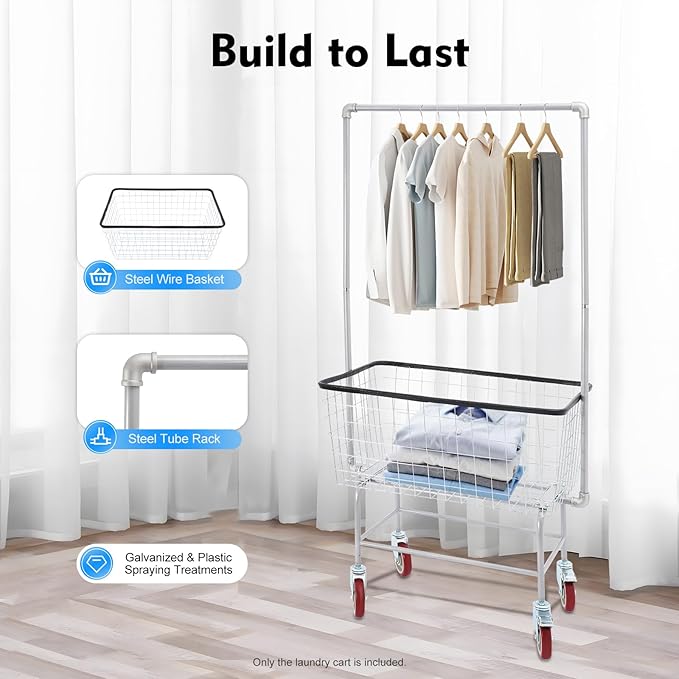 Steel Wire Laundry Cart, Rolling Laundry Basket With Wheels & Hanging Rack, Heavy Duty Large Laundry Basket Cart, Laundry Hamper Organizer for home, hotel, bathroom, commercial laundry