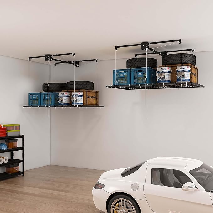 4x4 Garage Ceiling Storage Racks With Crank Lift, Garage Overhead Storage Racks For High Ceilings 10–12 Ft, 250 Lbs Load Capacity, All-Steel Frame, Garage Organization System (8 x 4)