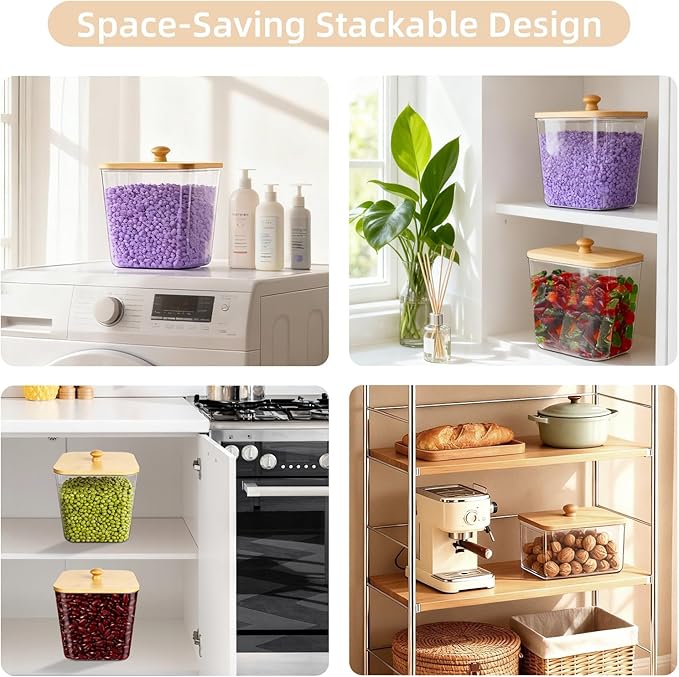 Laundry Pods Container & Dryer Sheet Holder, 4Pack Laundry Room Organization and Storage, Laundry Detergent Power Container with Bamboo Lids, 24 Labels, Scoop