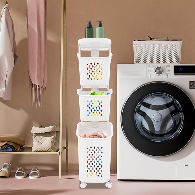 3-Tier Laundry Hamper Sorter, Rolling Laundry Baskets, Dirty Clothes Hamper for Small Space, Dorm, Closet, Bathroom (White)