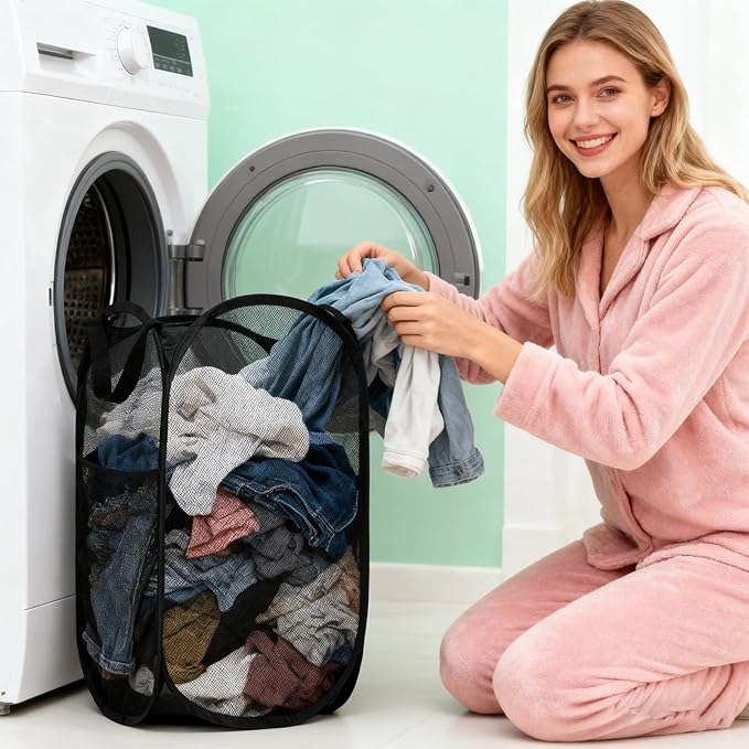 Pop Up Laundry Hamper Mesh Laundry Basket Collapsible Laundry Basket with Wide Opening Durable Hamper Bag for Clothes Storage (Black,1-PACK)