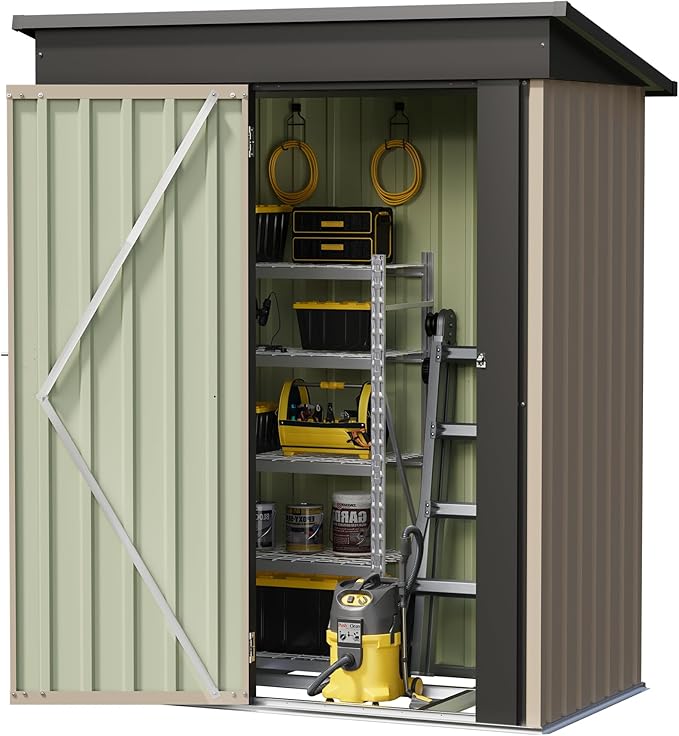 Devoko 5 x 3 FT Metal Storage Shed with Floor Frame Waterproof Garden Tool Shed with Lockable Door, Outdoor Shed Storage House for Backyard Patio Lawn, Brown