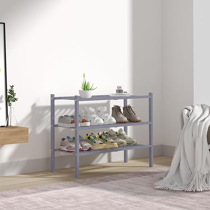 3 Tier Bamboo Shoe Rack for Closet Free Standing Wood Shoe Shelf Storage Organizer for Entryway Small Space Stackable 27"x11"x20" (Grey)