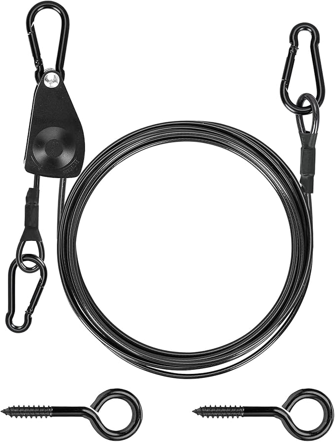 TooTaci 15ft Outdoor Clothesline Kit, 3/16" Black PVC Coated Wire Rope Portable Retractable Clothes Line Kit with Self-Locking Pulley, Screw Hook & Snap Hook for Camping, Backyard, RV, Travel