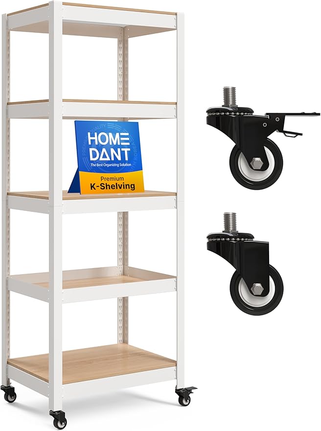 HOMEDANT House 5 Tier Heavy Duty Garage Shelving Adjustable Metal Rack Storage Shelves Standing Shelf Unit Organizers Pantry Closet Office (1, White, (Wheels) 24.4" W x 16.2" D)