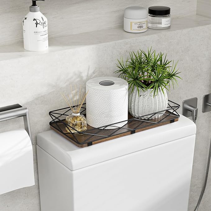 Toilet Paper Basket Holder, 13" Toilet Tank Tray, Wood and Metal Toilet Tray Vanity Organizer Bathroom Tray, Kitchen Sink Organizer for Soap Dispenser (Brown+Black)