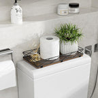Toilet Paper Basket Holder, 13" Toilet Tank Tray, Wood and Metal Toilet Tray Vanity Organizer Bathroom Tray, Kitchen Sink Organizer for Soap Dispenser (Brown+Black)