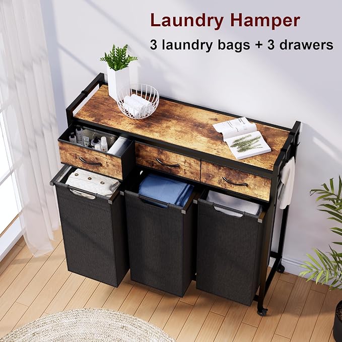 Laundry Hamper, Laundry Sorter 3 Section, Rolling Laundry Basket with Wheels, 3 Drawers, 3 × 14.5 Gal (55 L), Pull-Out and Removable Oxford Fabric Bags, Black and Rustic Brown
