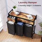 Laundry Hamper, Laundry Sorter 3 Section, Rolling Laundry Basket with Wheels, 3 Drawers, 3 × 14.5 Gal (55 L), Pull-Out and Removable Oxford Fabric Bags, Black and Rustic Brown