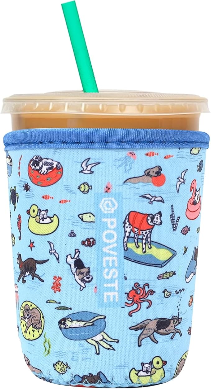 Reusable Neoprene Insulator Sleeve for Iced Coffee & Cold Soda, Coffee Sleeves for Iced & Hot Drinks, Cold Beverage Cooler Compatible with Starbucks, Dunkin (Poolside Party, Small: 16-18oz)
