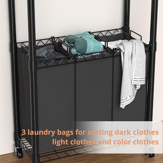 Rolling Laundry Basket Organizer with Wheels and Hanging Bar, Laundry Hamper Cart Laundry Sorter 3 Section, Dirty Clothes Hampers for Laundry Bedroom Bathroom w/ 3 Removable Bags, Black