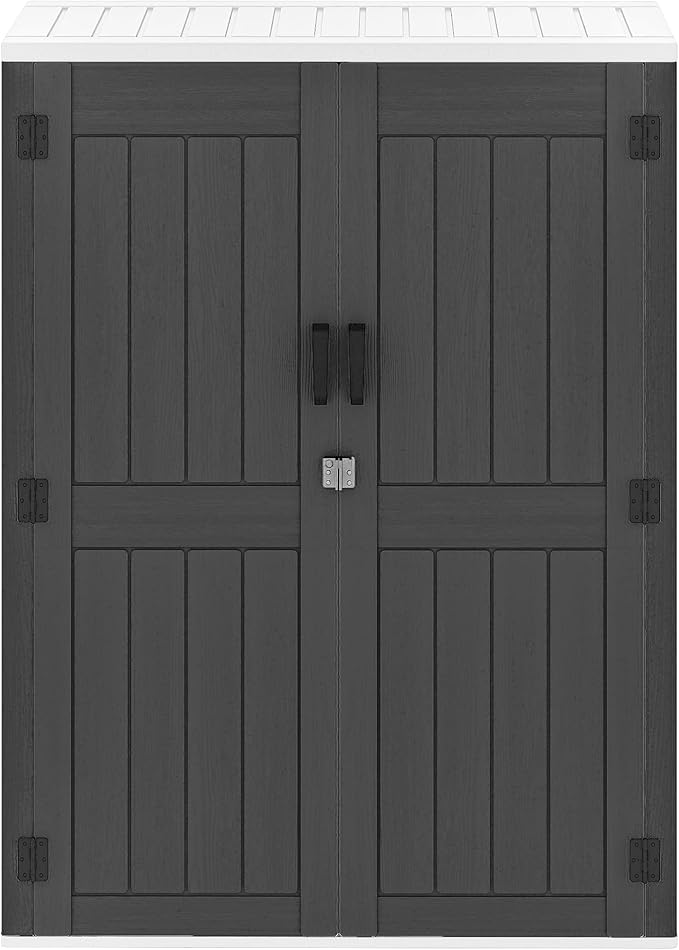DWVO 59 Cu. Ft. Vertical Storage Shed, Weatherproof Outdoor Tall Cabinet with Double-Wall Panels and Floor, Lockable Resin Shed for Garden, Garage, Patio, Dark Gray (Shelves Not Included)