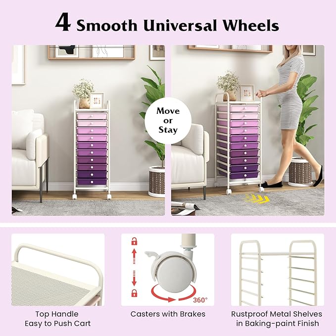 Storage Cart, Rolling Utility Cart with 10 Drawers, Portable Handles & Lockable Wheels, Mobile Paper Toys Storage Organizer Large Capacity for Home Office School Teacher (Purple Gradient)