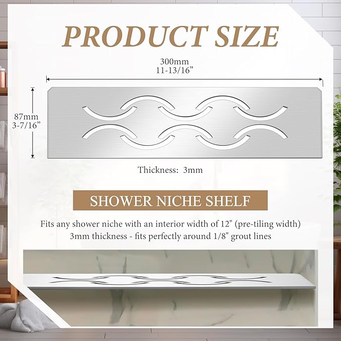 1 Pack Niche Rectangular Shelf for 12 Prefabricated Board Niche Fits 5/32 Grout Line, 4mm Thick, Bathroom Wave Design, Marine Grade Brushed 316 Stainless Steel