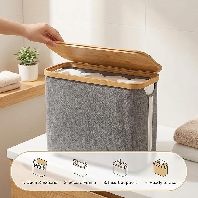 Toilet Paper Storage Basket with Lid Toilet Paper Storage with Lid 17.7x13.8x5.9 inch Waterproof Towel Free Standing Papers Container with Bamboo Frame and View Window