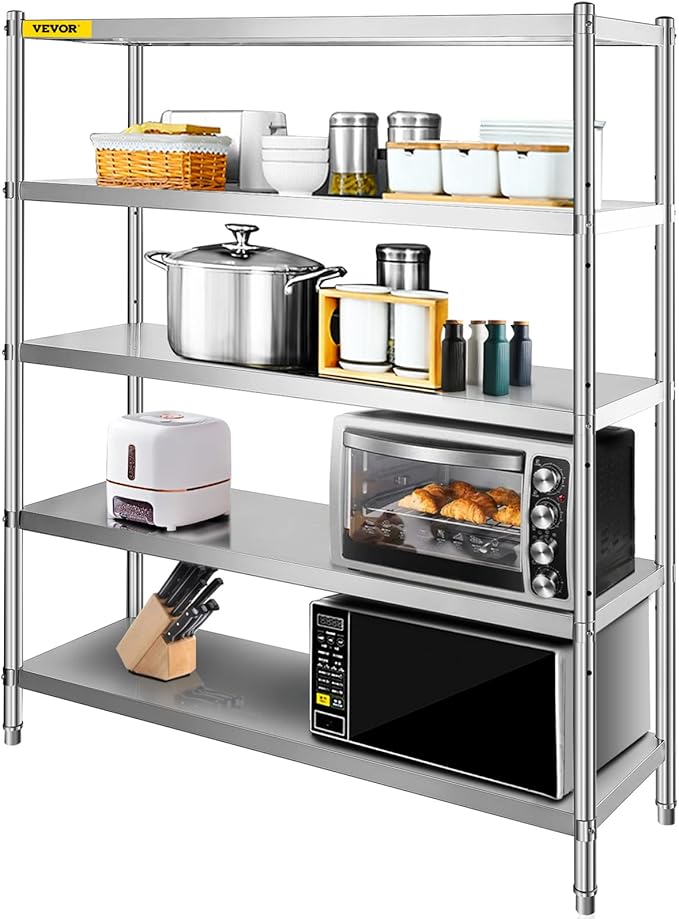 VEVOR Storage Shelf, 5-Tier Storage Shelving Unit, Stainless Steel Garage Shelf, Heavy Duty Storage Shelving, 1650 Lbs Total Capacity with Adjustable Height