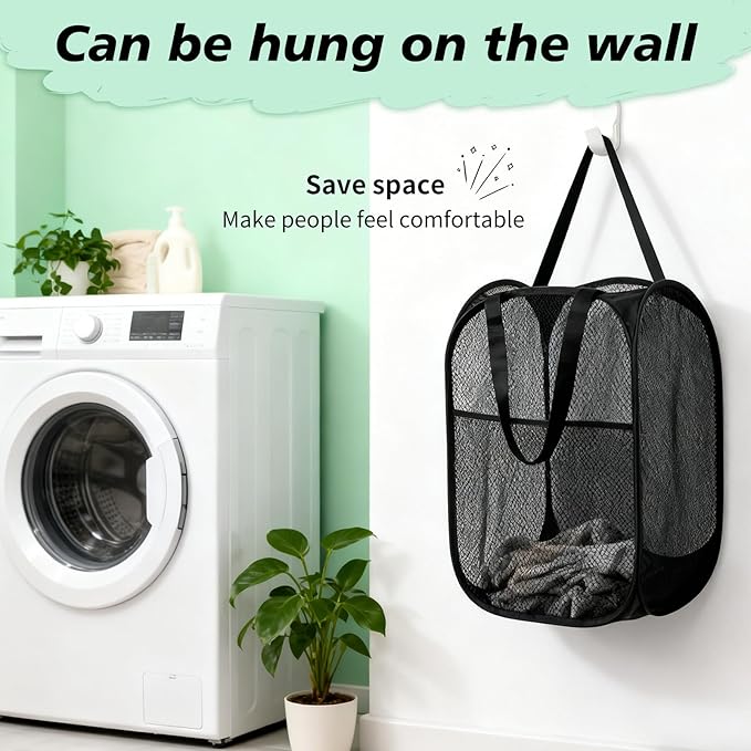 Pop Up Laundry Hamper Mesh Laundry Basket Collapsible Laundry Basket with Wide Opening Durable Hamper Bag for Clothes Storage (Black,1-PACK)