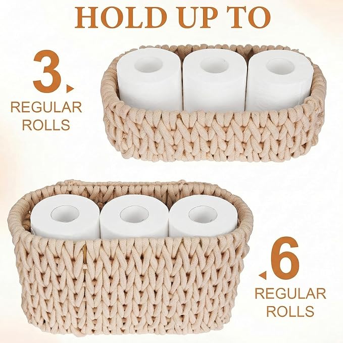 2 Pack Toilet Paper Storage Baskets, Cotton Rope Woven Storage Baskets for Organizing with Handles & Lid, Toilet Paper Baskets Bathroom Coutertop Organizer for 6 Rolls, Bathroom Accessories Organizer