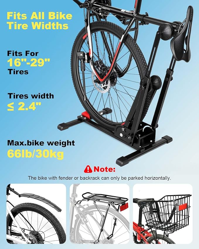 WSDCAM Bike Stand, 2-in-1 Vertical & Horizontal Storage Rack Adjustable, Foldable Bicycle Floor Stand for Garage Indoor Outdoor Small Spaces, Bike Rack Fits 16-29" Road/Mountain Bikes, Repair Stand