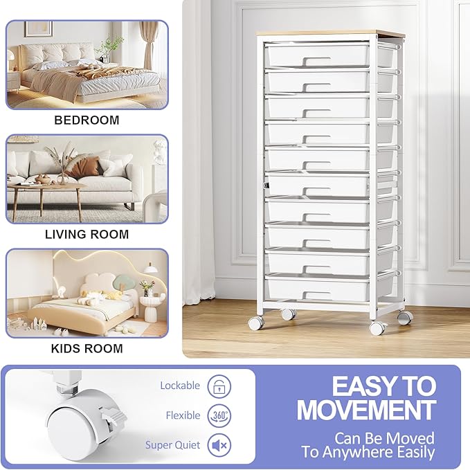 Rolling Cart with Drawers,10 Drawer Rolling Cart,Storage Cart with Wheels,Utility Cart with Drawers,Teacher Cart for Classroom Storage,Craft Cart with Wheels and Wooden Tabletop,White