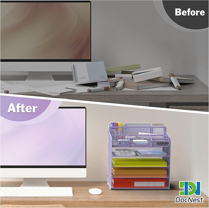 Docnest 5 Tier Mesh Desk Organizer for Paper Office Supplies – Multi-Functional Letter Tray with 5 Adjustable Compartments, 3 Pen Holders, Desktop Storage for Files, Mail, Stationery – Purple