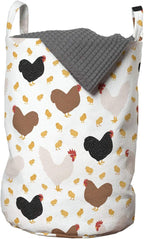 Ambesonne Hen and Chicks Laundry Bag, Farm Themed Continuous Pattern with Cartoon Domestic Birds and, Hamper Basket with Handles Drawstring Closure for Laundromats, 13" x 19", Black Brown
