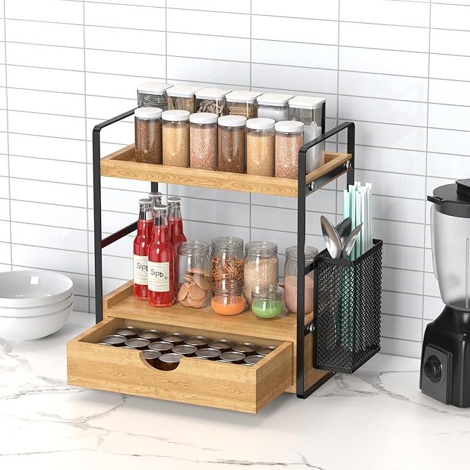 LEMIKKLE Bathroom Counter Organizer with Basket, Bathroom Organizers and Storage,Skincare Organizers for Vanity,Storage Organizers for Bathroom, Kitchen, Dresser (Light Brown with Drawer)