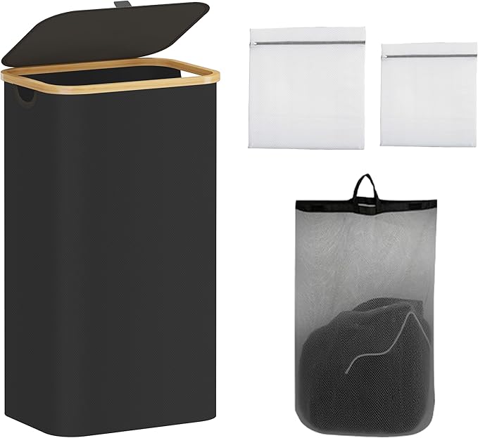 100L Laundry Hamper with Lid,Collapsible Laundry Basket, Dirty Clothes Basket, Storage Case with Bamboo Support - Handles - Removable Inner Bag - 2x Washing Mesh Bags for Bedroom Dorm Bathroom (Black)