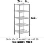 24" Deep x 24" Wide x 64" Height Wire Shelving Kit | 5-Tier | NSF Commercial Storage Rack Unit