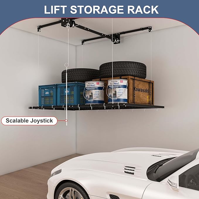 4x4 Garage Ceiling Storage Racks With Crank Lift, Garage Overhead Storage Racks For High Ceilings 10–12 Ft, 250 Lbs Load Capacity, All-Steel Frame, Garage Organization System (8 x 4)