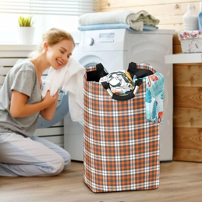 Orange Plaid Laundry Basket for College Dorm,50L Collapsible Portable Laundry Hamper Storage Basket for Toys Clothes Organizer