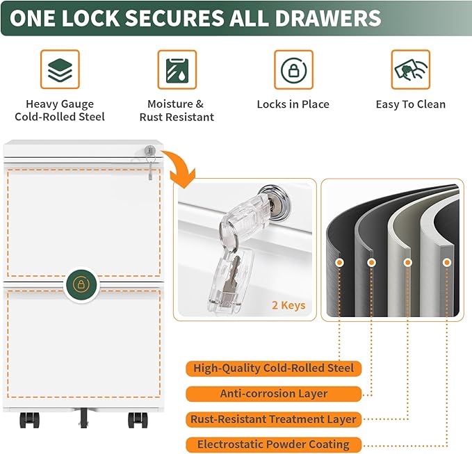 2 Drawer File Cabinet with Lock,Under Desk Rolling Small Filing Cabinet for Home Office Storage, Mobile Steel Cabinets with Wheels, Fully Assembled, White