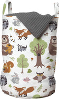 Ambesonne Forest Laundry Bag, Doodle Woodland Creatures as Honey Bear Rabbit Fox and Raccoon in Nature Habitat, Hamper Basket with Handles Drawstring Closure for Laundromats, 13" x 19", Brown Green