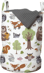 Ambesonne Forest Laundry Bag, Doodle Woodland Creatures as Honey Bear Rabbit Fox and Raccoon in Nature Habitat, Hamper Basket with Handles Drawstring Closure for Laundromats, 13" x 19", Brown Green