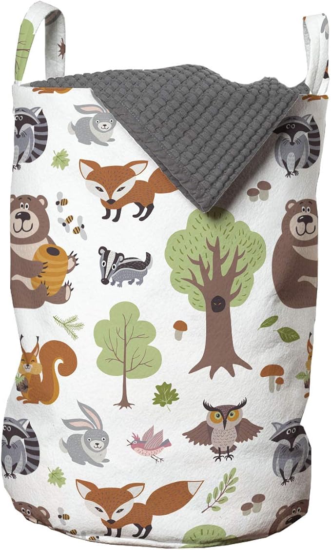 Ambesonne Forest Laundry Bag, Doodle Woodland Creatures as Honey Bear Rabbit Fox and Raccoon in Nature Habitat, Hamper Basket with Handles Drawstring Closure for Laundromats, 13" x 19", Brown Green