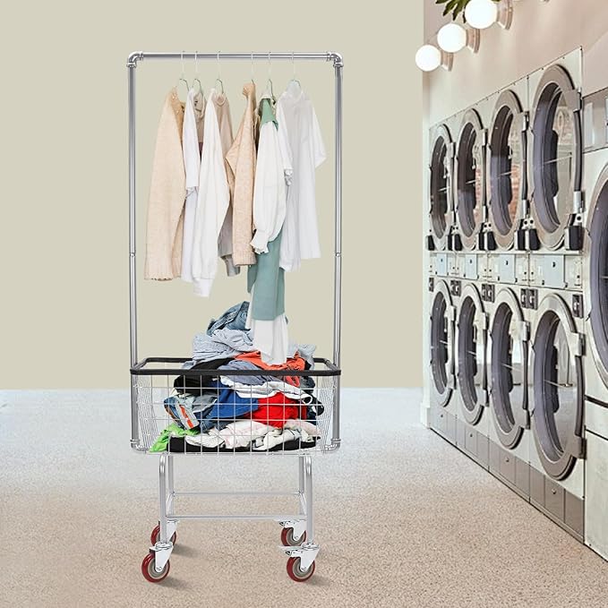 Steel Wire Laundry Cart with Wheels, Heavy Duty Rolling Laundry Basket with Hanging Rack, Large Metal Storage Cart for Laundry, Clothes, Towels, Bathroom, Commercial Laundry Organizer (Style1)