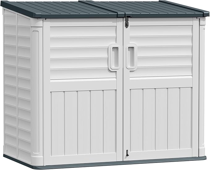 Greesum Outdoor Storage Shed 34 Cu Ft with Lockable Doors, Waterproof Outdoor Storage Cabinet for Trash Cans, Patio Cushions, Gardening Tools with Wood Grain Finish (Beige)
