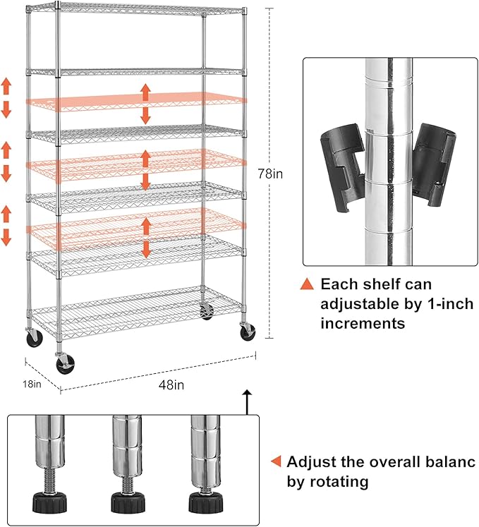 Heavy Duty 6 Tier Shelving Unit Adjustable 6000Lbs Capacity Steel Storage Rack 18" x 48 x 76 Mobile Shelves Wire Shelf Silver Rolling Utility Cart for Pantry Garage Kitchen, Chrome