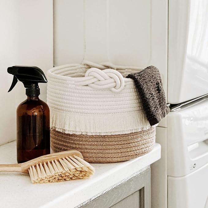 CherryNow Small Woven Storage Baskets Cotton and Jute Rope Decorative Hamper for Diaper, Blankets, Magazine and Keys, Cute Tassel Nursery Decor - Home Storage Container – 9.5'' x 7''