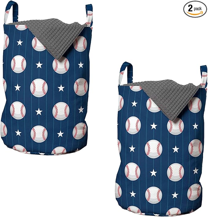 Ambesonne Sports Laundry Bag Pack of 2, Baseball Patterns on Vertical Striped Background Stars Design, Hamper Basket with Handles Drawstring Closure, 13" x 19", Blue Red