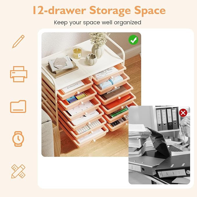 GOFLAME 12-Drawer Rolling Storage Cart, Multifunctional Art Craft Organizer Cart, Mobile Utility Storage Cart with Removable Drawers & Lockable Wheels, Craft Cart for Home Office School, Peach Fuzz