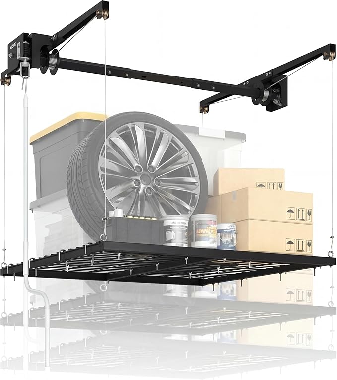 4x4 ft Overhead Garage Storage Rack, Adjustable Heavy Duty Hanging Garage Ceiling Storage Rack System, 300 Lbs Weight Capacity