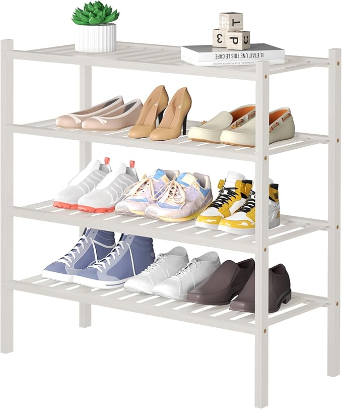 4 Tier Bamboo Shoe Rack for Closet Free Standing Wood Shoe Shelf for Entryway Small Space Stackable 27"x11"x26" (White)