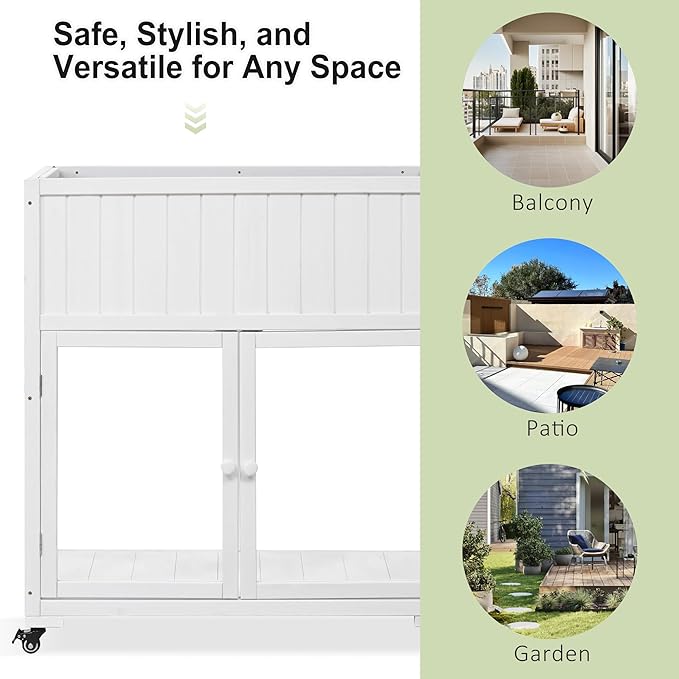 37.4" H Mini Wood Cold Frame Garden Greenhouse with 2 Doors and Wheels, Raised Bed with Liner for Indoor Outdoor Use, White