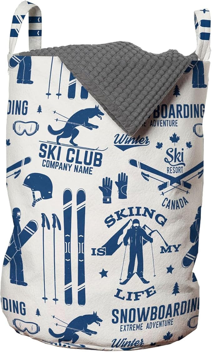 Ambesonne Ski Pattern Laundry Bag Pack of 2, Vintage Style Monochromatic Design of Skiing Themed Motifs, Hamper Basket with Handles Drawstring Closure, 13" x 19", Navy White