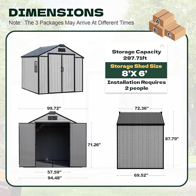 8 x 6 FT Plastic Outdoor Storage Shed, All-Weather Resin Garden Shed with Floor, Lockable Doors & Windows, Plastic Tool Shed for Patio，Poolside, Backyard
