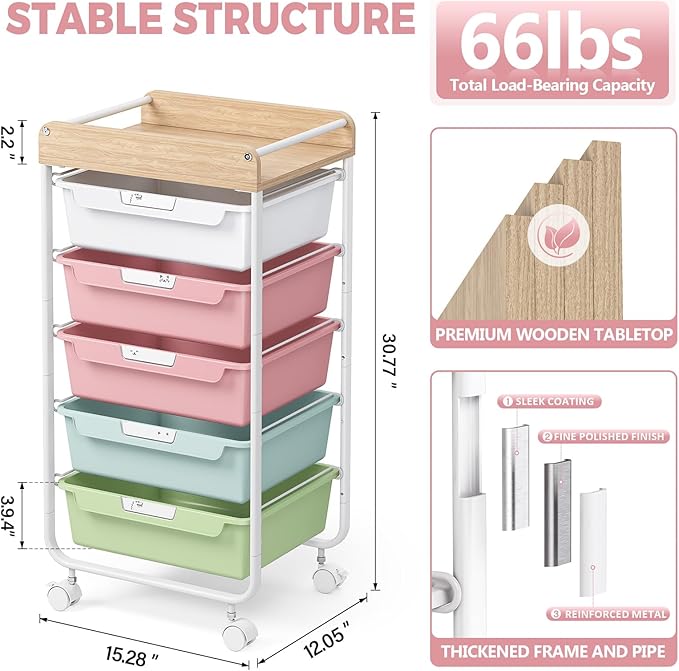 Utility Cart with Drawers,Craft Cart with 5 Drawers,Art Supply Organizer,Rolling Drawer Cart,Craft Storage Cart,Storage Drawer Carts With DIY Lable and Wooden Tabletop Area,Colorful
